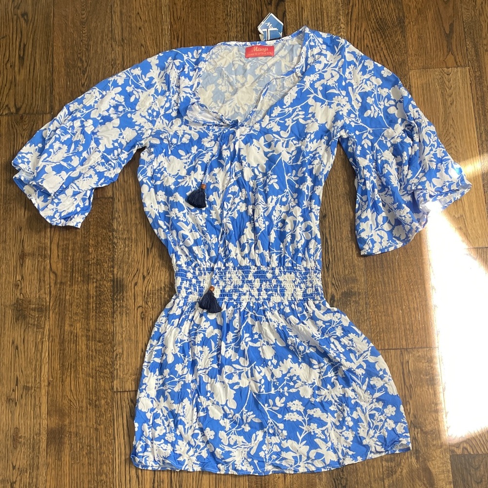Maaji Floral Blouse in Blue and White NWT